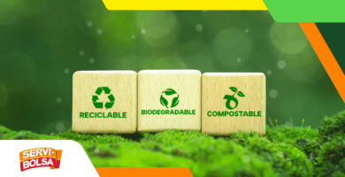 Bloques de madera con los símbolos de reciclable, biodegradable y compostable sobre fondo verde, ilustrando las diferencias entre materiales sostenibles